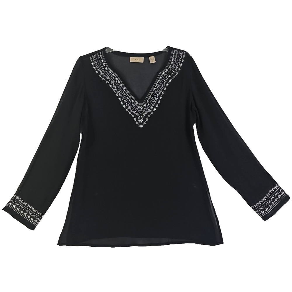 i.e.~Woman Size M~Black Sheer Long Sleeve Tunic Top 100% Silk V Neck Embroidered